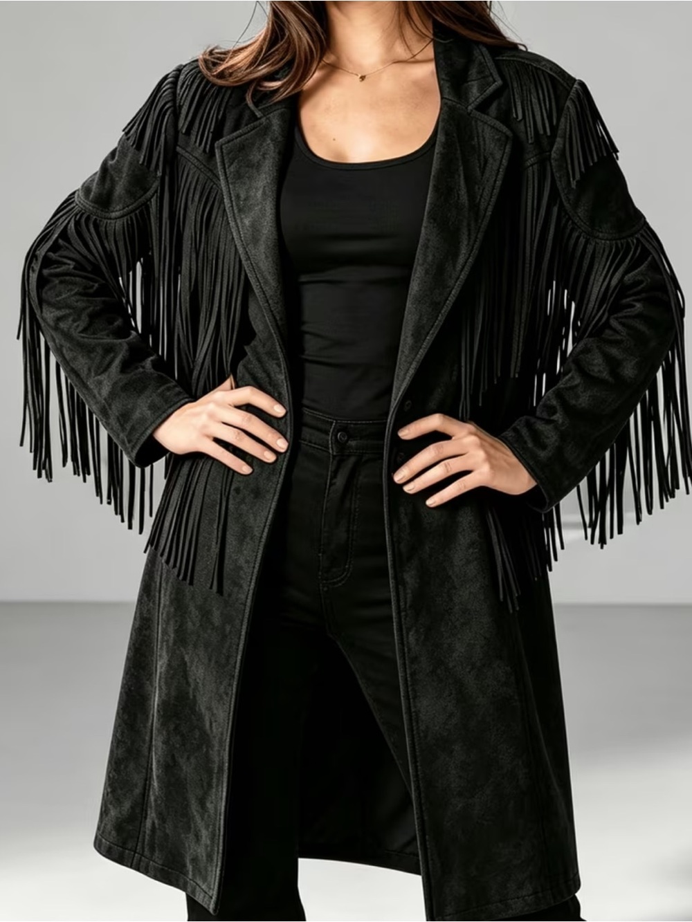 Women Western Vintage Faux Fringe Long, Lapel Collar Open Front Loose Long Sleev